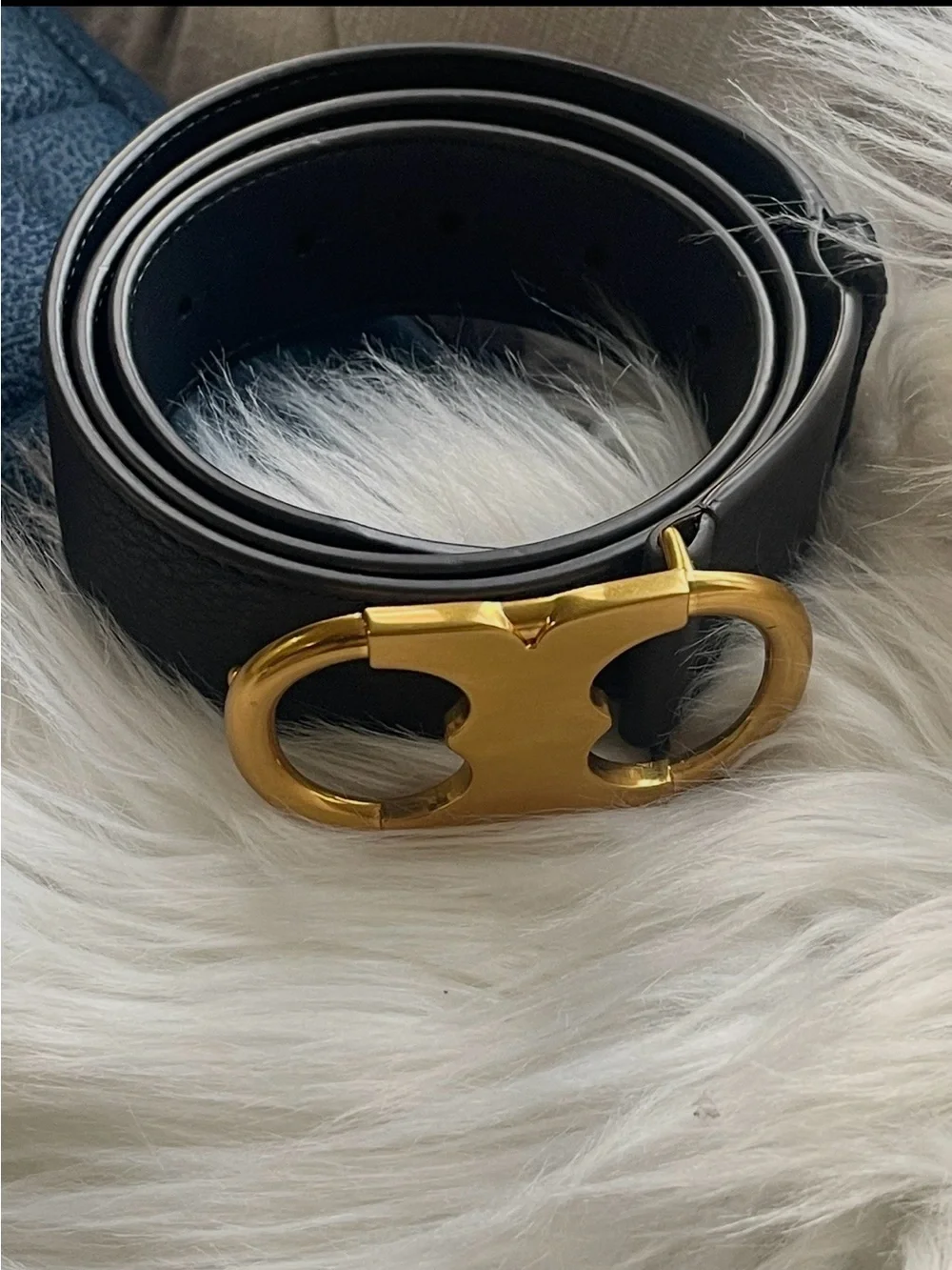Tory Burch Black Leather Belt with Gold Logo Buckle